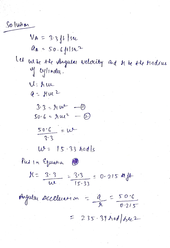 Solution VAS = 3:3 ft I see an = 50.6ft see? let we be the Angular welvrity and it be the radius of cylinder U.hu a = Muu2 3.