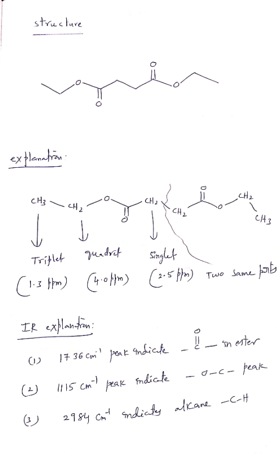 structure explanatron o CH3 - CH2 O CH CH₂ T 1o CH3 Triplet (1.3 ppm) quadret (4:0pm) singlet (2.5 ppm) Two same parts IR exp