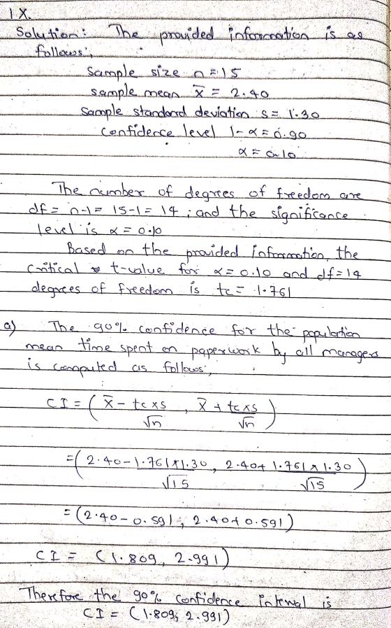 IX. Solution: The prouded information_is_ed follows Sample size DES sample... meant 2.40 Sample standard deviation is: 1:30 c