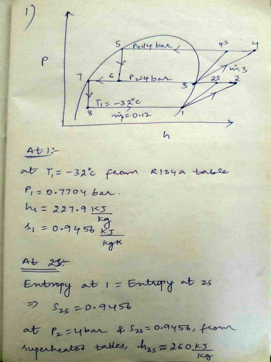 5 Py 14 bar & 45 Р so Tina 6 P2=4 bar 2s 2 3 Ti = - 320 8 m=0.12 h At i- R134 a table at T = -32°c from P = 0.7704 bar. he =