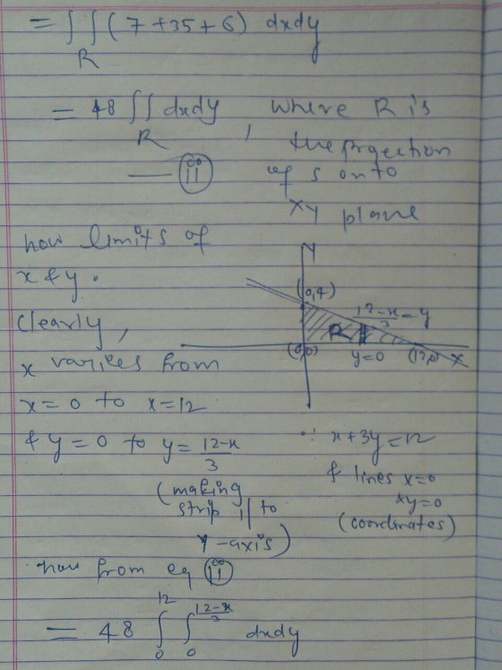- 11(7 +35+6) dxdy dady - 48 f dedy R Where Ris - R Argection of s onto plane how limits of x & 109) clearly 7 variles from 1