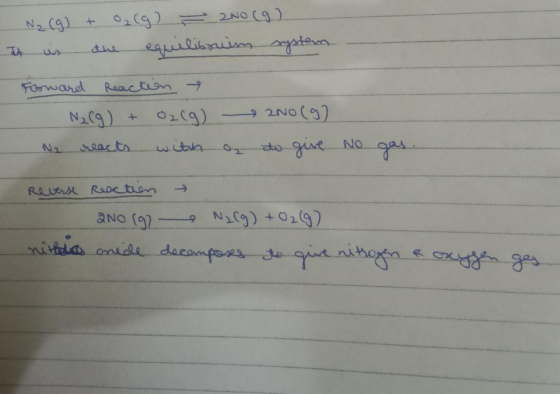 Nz (g) + O₂(g) - 200 (9) It is the equilibrium system Forward Reaction N₂(g) + O2(g) 2NO(9) - No reacts with a to give No gas