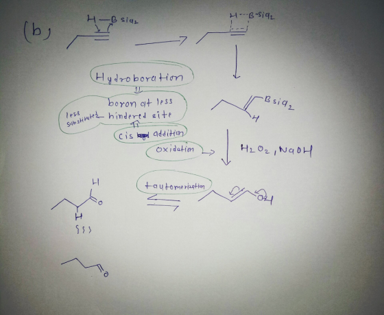 HB sia H---B-sig2 (by (Hydroboration Bsia, boron at less tuted hindered site Substituted (cis kord addition) oxidation 2 H₂O2