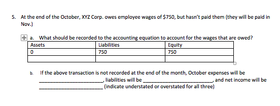 At the end of the October, XYZ Corp. owes employee wages of $750, but hasnt paid them (they will be paid in Nov.) 5. a. What should be recorded to the accounting equation to account for the wages that are owed? Assets Liabilities 750 Equity b. If the above transaction is not recorded at the end of the month, October expenses will be liabilities will be (indicate understated or overstated for all three) and net income will be