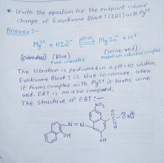 Write the equation for the endpoint colour Change of Eslochrome Black ICEBT) with my Answer: Mg²+ +HIR PH=lo My In the (colou