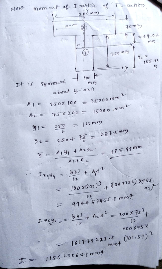 Now mom cut of of t seetion Inertice 2.00 mm) 10W 75mm mm 250mm 185.93 Yoo R mm It is Symmetrie 4 about y-anis A 250x 100 - 2