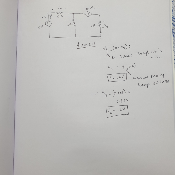 1241 Se ross 12V tomckt Vya (01 Vx) 2 ^ a current through ar is o1Vx x = 5(1-2) [Vx=6ul 16 A current paning through 521512A :