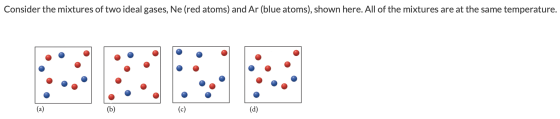 Consider the mixtures of two ideal gases, Ne (red atoms) and Ar (blue atoms), shown here. All of the mixtures are at the same