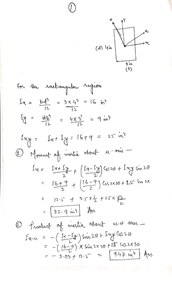 D 9 (d) 4 m 9 in (b) For the eactangular region In = bd 3x43 = 16 in 12 469 12 4x3 12 9 in Lu= Intly, sine 20 2 19 Eny = funt