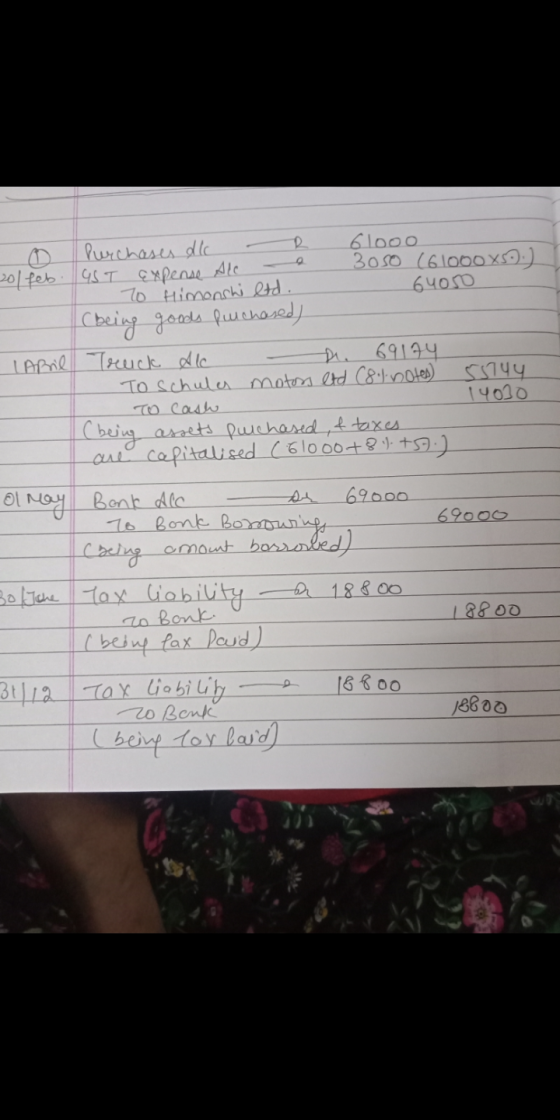 Purchases die 6looo 201 feb. UST expense Ale 3050 (61000x5:) To Himonshi etd 64050 (being goods purchased) April Truck Ale 69