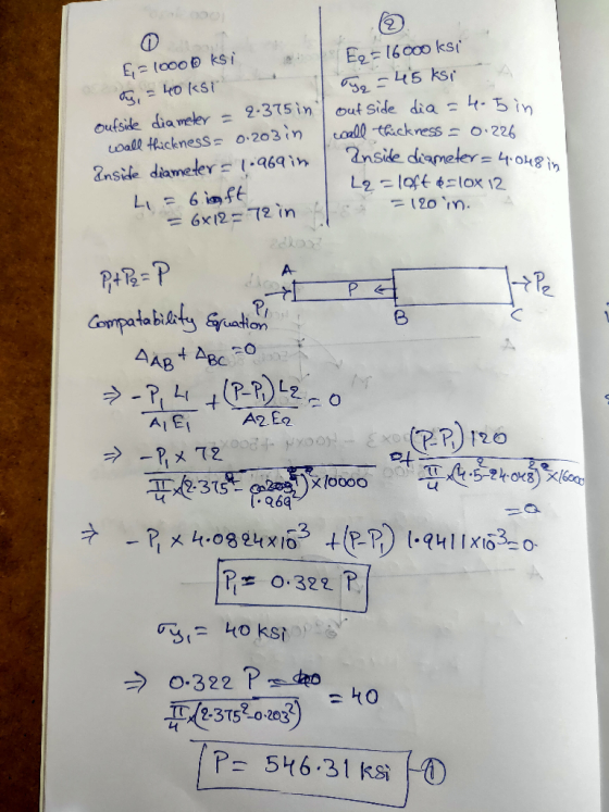 E, = 1000 ksi ty = 40kst Eq=16000 ksi Tye - 45 ksi out side dia =4.5 in call thickness - 0.226. outside diameter = 2.375 in w