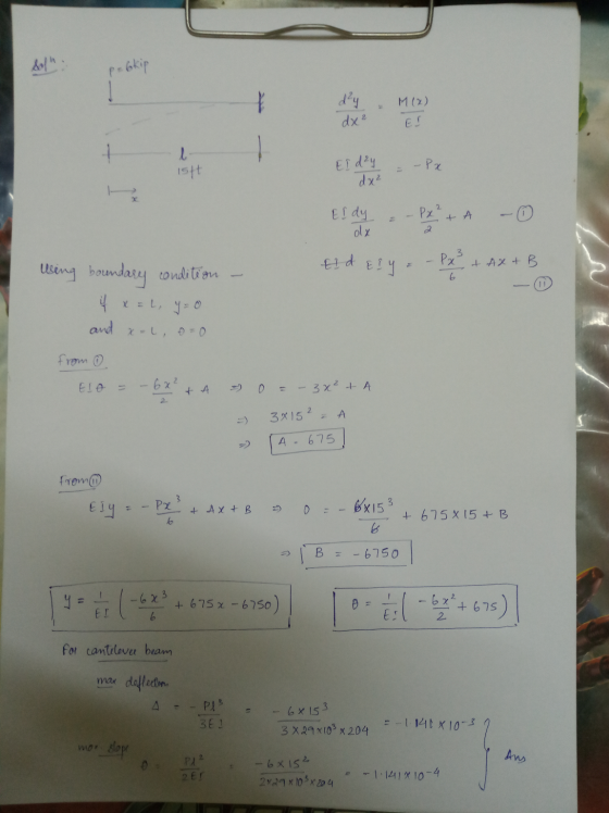 Sol pebkip dy & M (2) de e Es Er dy dx² el dia -Py+A -O + Eid El Y = Px² + Ax+B 6 - 0 lling boundary condition - 4 x = 1, y