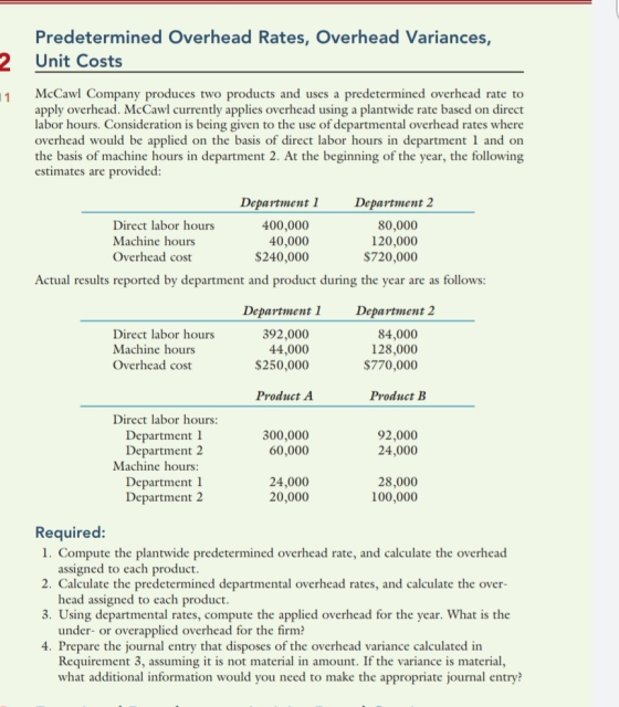 Predetermined Overhead Rates, Overhead Variances, Unit Costs McCawl Company produces two products and uses a predetermined ov
