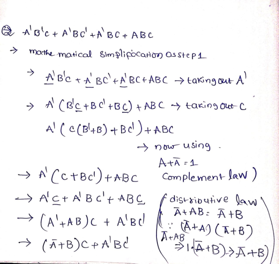Al V a A Bc+ A B C+A B C + ABC mathe matical Simplifócah Om Osstep1 ABC + A BC+A BC+ABC → taking out a (BIC +Bc+BC) +