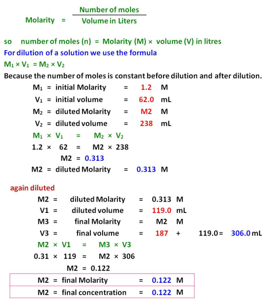 Molarity = Number of moles Volume in Liters so number of moles (n) = Molarity (M) ~ volume (V) in litres For dilution of a so