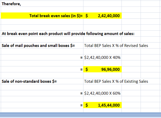 Therefore, Total break even sales in $)= $ 2,42,40,000 At break even point each product will provide following amount of sale