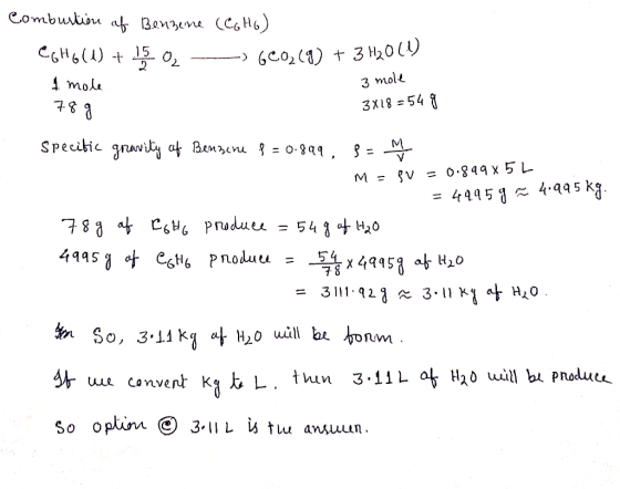 Combustion af Benzeme (COHG) eG H6 (1) + 15 a 6CO₂(g) + 3 H2O(1) 1. mole 78 g 3 mole 3X18 = 54 g Specific gravity of Bembene