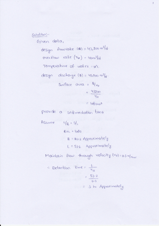 Solution Given cata design flowrake (a)43,2c0 m/ dischage (Q) с 43,2007% Surface avea design 43200 provick o sedimentation ta