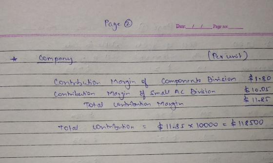 Page ② Date: | 1 Page no: - & Company has a n (Per unit) Contribution Contribution - Total Margin of component Division Margi