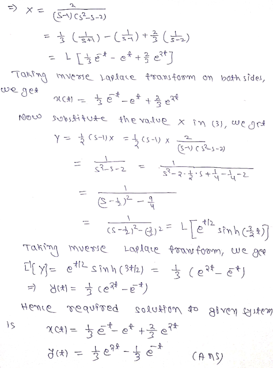 => x= (5-1) C53-5-2) = ţ (54)-(55) + (2) = 1 [jét - Of+cepty - Taking inverse Laplace transform on both sides, we get UC41 =