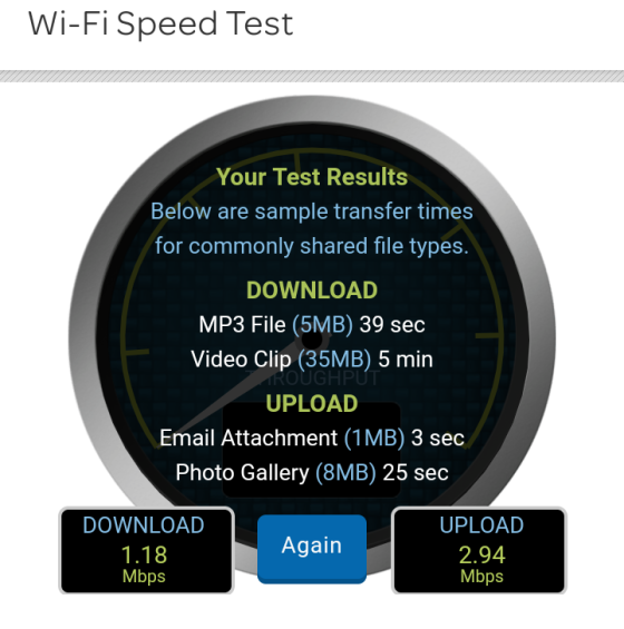 Wi-Fi Speed Test Your Test Results Below are sample transfer times for commonly shared file types. DOWNLOAD MP3 File (5MB) 39