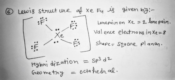 @ Lewis structure of xe Fu is given by:- Lonepairs on Xe = 2 lone pair. l valence electrons in Xe=8 shape=squ are planar. to
