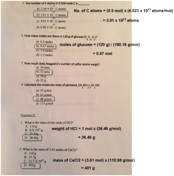 a) 2.50 x 10 Catoms 5. The number of Catoms in 0.500 mole Cis No. of C atoms = (0.5 mol) (6.023 x 1023 atoms/mol) b) 3,01 x 1