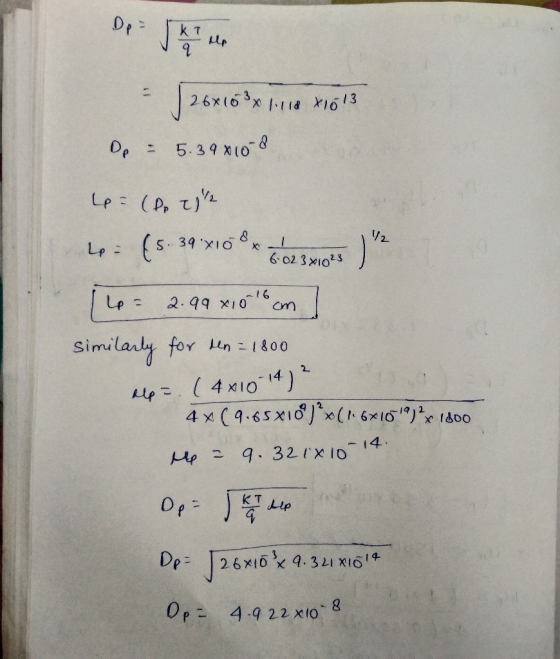 26x103 x 1.118 x1013 Dp = 5-39x10-8 le= (P. til 1: {5.39-410 r o2 5 xics ) = 2.99x1016 cm similarly for den= 1800 alp = (4x