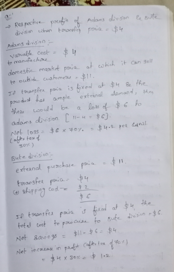 le Bute Adams division price = $4 - Respective profits of division when transfer Adams division :- Variable cost = $ 4 to man