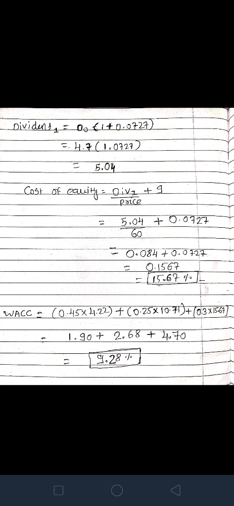 -Divident = 0o tito.0727) = 4.7 (0.0727) 25.04 Cost of cavity = give + 9 price 5.04 + 0.0727 60 0.084 +0.0727 = 0.1567 E -115