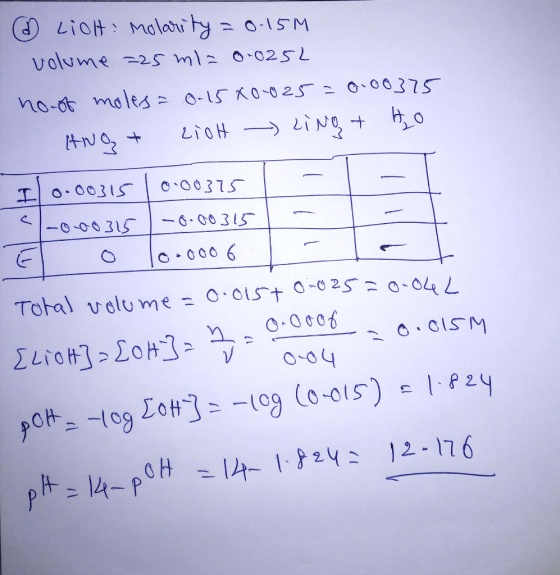 LiOH: Molai ty volume -2s ml 025L n0-06 moles 0-15RO25 O00375 IO-00315 O00375 -0-00315 -6-00315 Total volume 0.015t 25 04 O.G