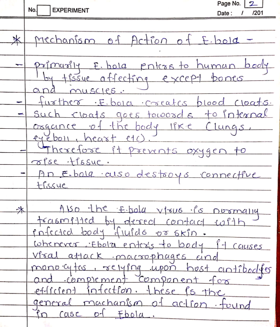 No. EXPERIMENT Page No. 2 Date : 1 1201 *l mechanism of Action of Ei bele - o pai munily E. bela enters to human body II by t