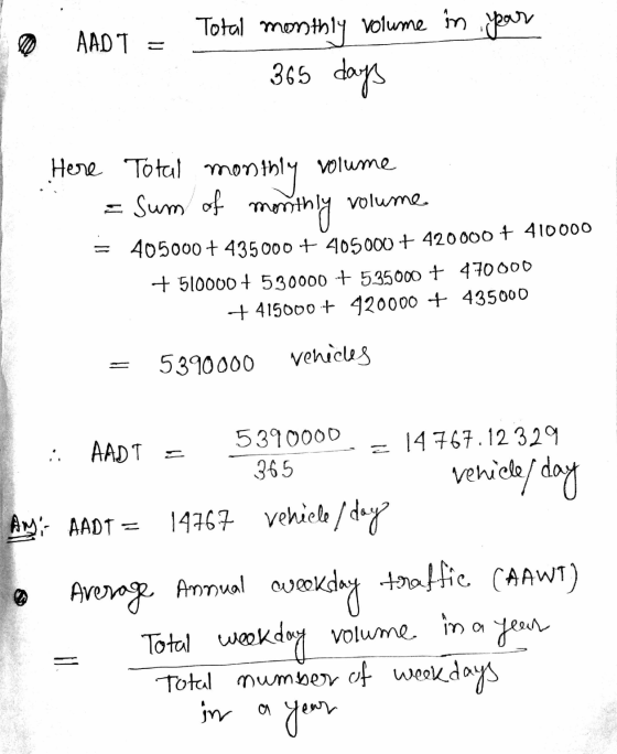 AADT Total monthly volume in par 365 days Here Total mo monthly volume Sum of volume monthly 405000 + 435000 + 405000 + 42000