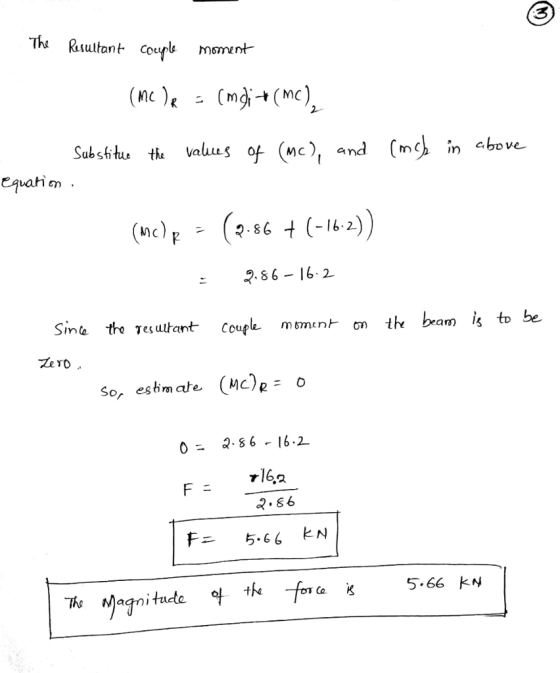 sultant Coupk momnt van c . MC : 286 16. 2 Sine the TeCoupe mo n thi bram is to be Ze ro So, estimate (ROR: 0 0 86 - 16.2 す16,2 マ·86 5-66 kN The Magni tucte.