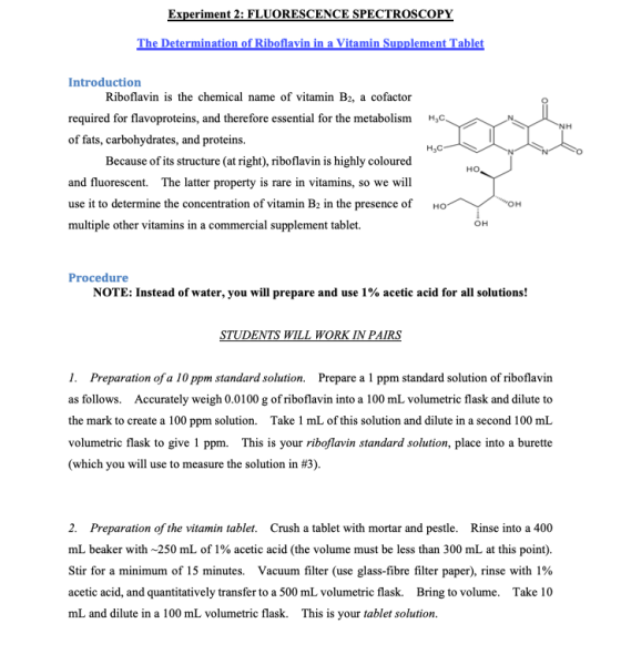 Experiment 2: FLUORESCENCE SPECTROSCOPY The Determination of Riboflavin in a Vitamin Supplement Tablet HyC Introduction Ribof