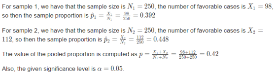 For sample 1, we have that the sample size is N1 = 250, the number of favorable cases is X1 = 98, so then the sample proporti