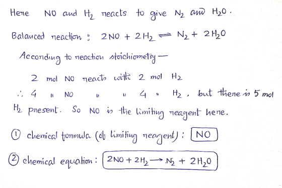 Hene NO aud H, neacts to give N2 an H20 Balauced neactjon 2 NO 2H2 = N2 + 2H20 Ac conding to neacticu stoichiomety NO eact wi