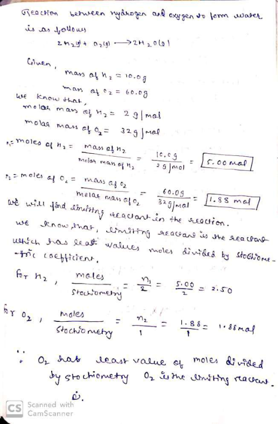Geaction between rydrogen and oxygen to form water is as follows 2+299 + O2(g) ->2H20601 Given mass of h₂ = 10.09 man 42 = 60