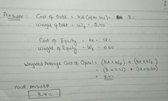 Answer: Cost of Debt - kd (after tax)= weight of Debt - W, = 0.40 3% Cost of Equity = ke = 12% Weight of Equity . Wp = 0.60 W
