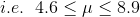 i.e.\;\;4.6\leq \mu \leq 8.9