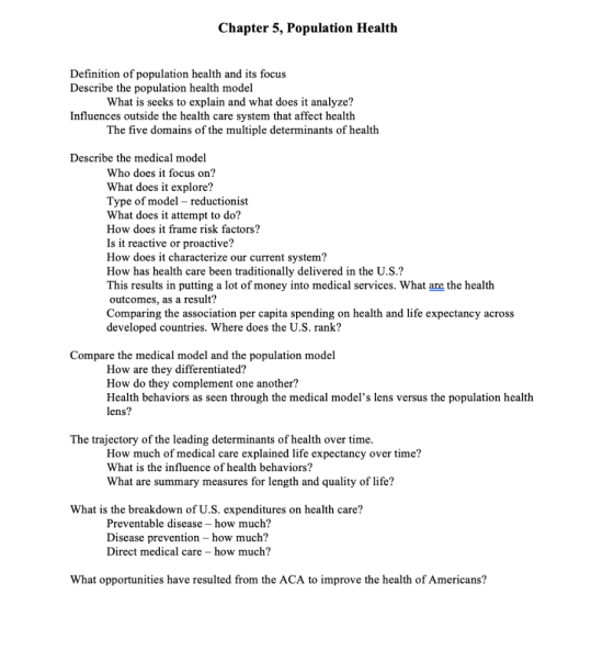 Chapter 5, Population Health Definition of population health and its focus Describe the population health model What is seeks