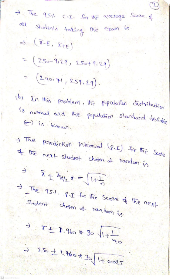 b) In this problem, the population distribution nohnal and the populatim standard deviation The prediction intonal (PI) for t