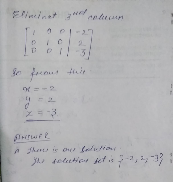 Elincinat zu colemn 0 D O -3 so this frous ar ANSWER A There is our solution. The solution set is Ş-2,2,3) 3 0