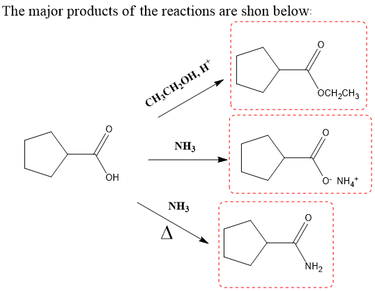 The major products of the reactions are shon below CH,CHOH, H OCH2CH3 NH3 он o-NH4+ NH3 NH
