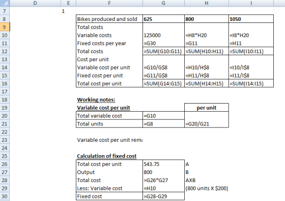 D E F G H 7 1 8 625 800 1050 9 10 11 Bikes produced and sold Total costs Variable costs Fixed costs per year Total costs Cost