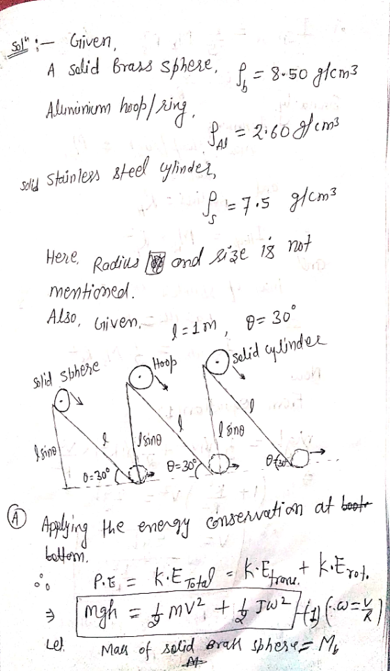 sol :- Given A solid brass sphere, p = 8.50 g/cm3 Aluminium hoop / sing. e -2.60 gems Solid Stainless steel ylinder the f =