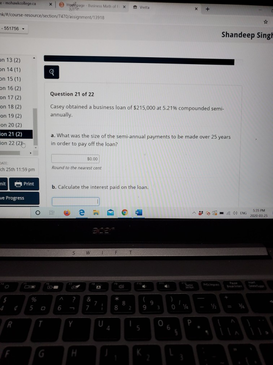 - mohawkcollege.ca x Homepage - Business Math of FX m Vretta X + mk/#/course-resource/section/7470/assignment/13918 - 551756