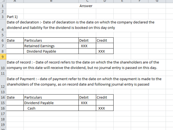 A B 1 Answer Nm 2 3 Part 1) Date of declaration :- Date of declaration is the date on which the company declared the dividend