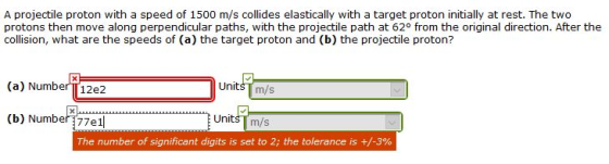 A projectile proton with a speed of 1500 m/s collides elastically with a target proton initially at rest. The two protons the