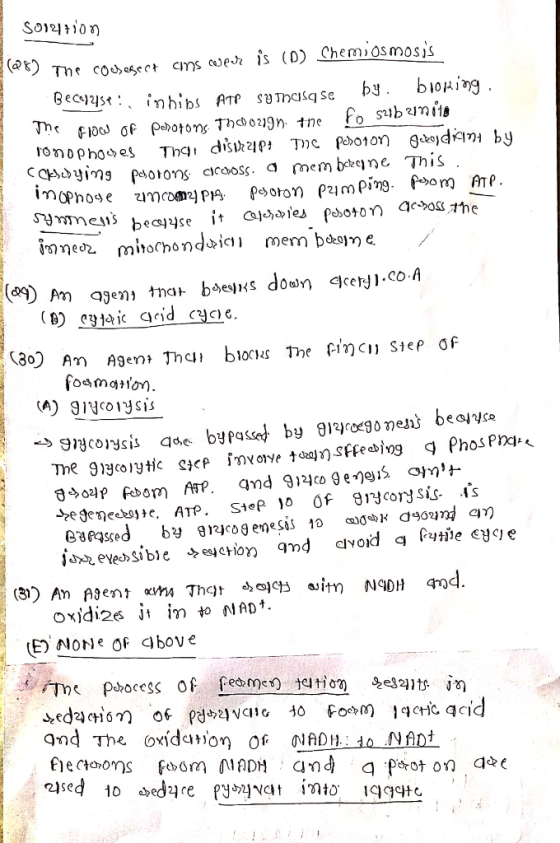 Solution (28) The coosesest ains wear is (D) Chemi osmosis Becy4st: inbins ATP sythasse by. bioning. The flow of porotons. Th